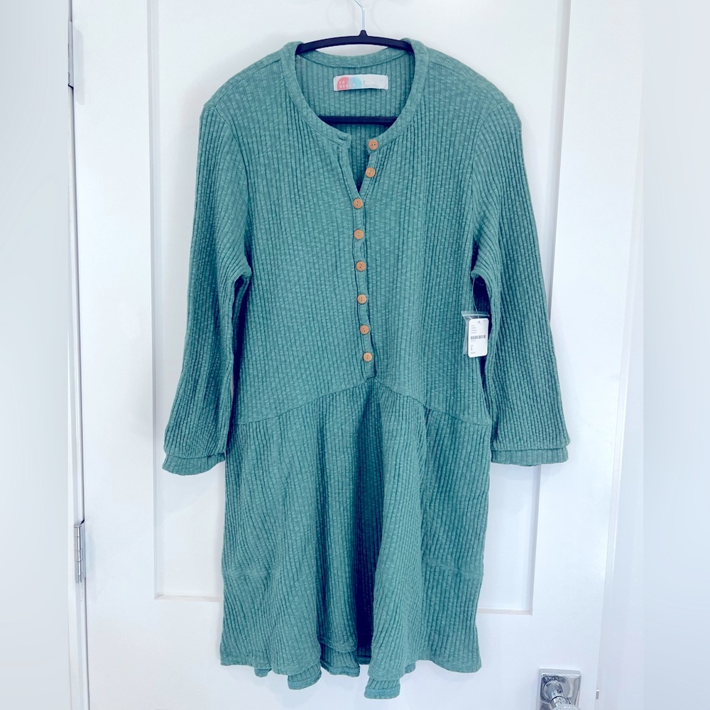 New with tags, free people tunic dress, size small, color guacamole. Retail $70